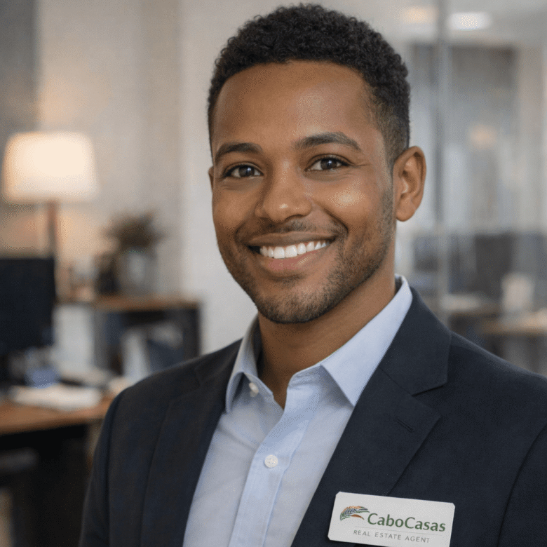 CaboCasas real estate agent negotiating with English clients in office