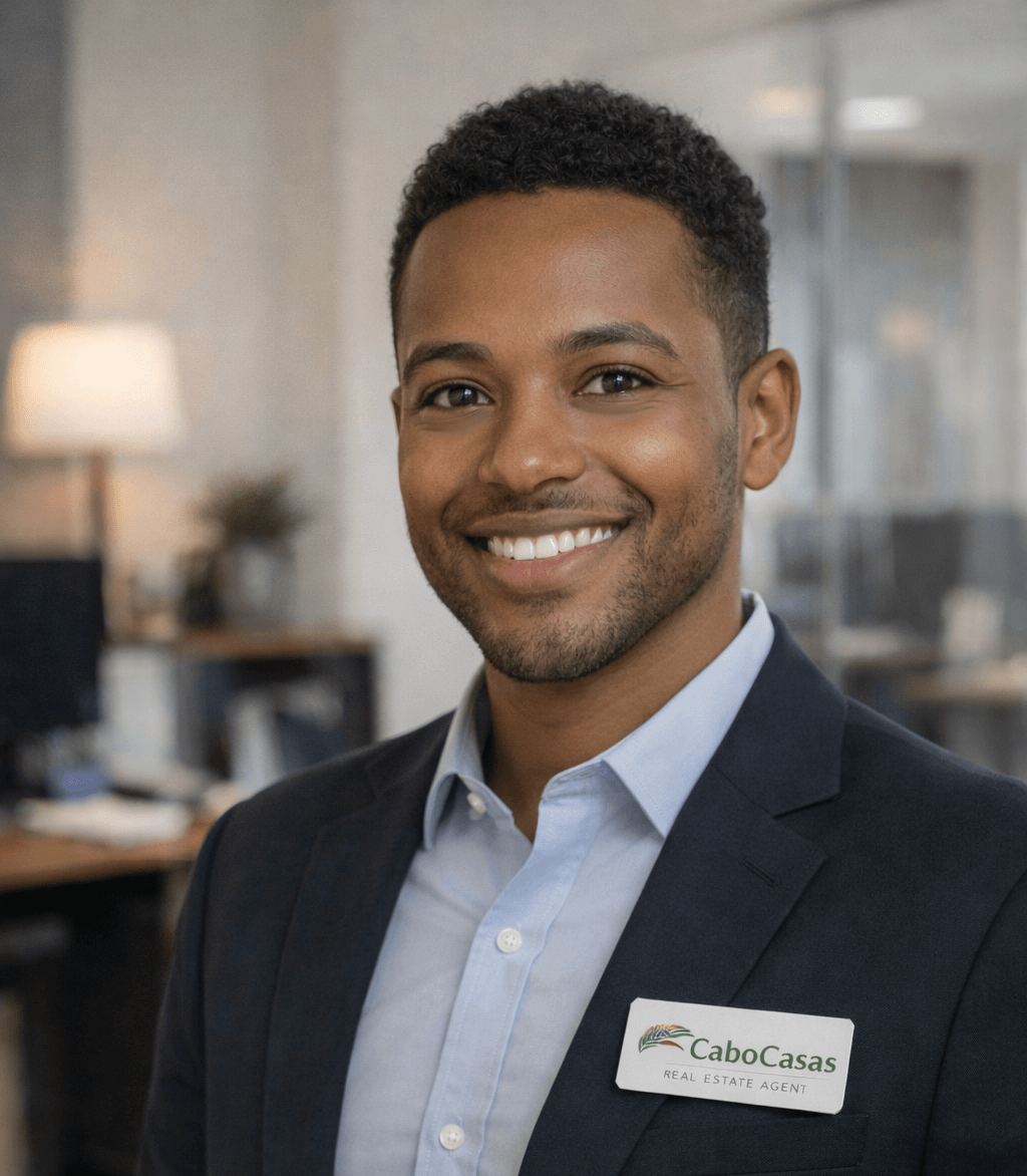 Un agente immobiliare di CaboCasas negozia con clienti inglesi in ufficio