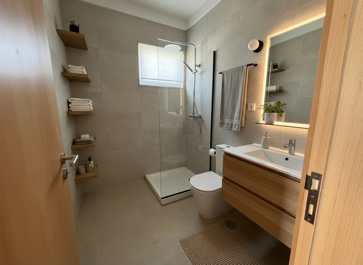 Elegant bathroom with walk in shower apartment Murdeira Sal Island Cape Verde
