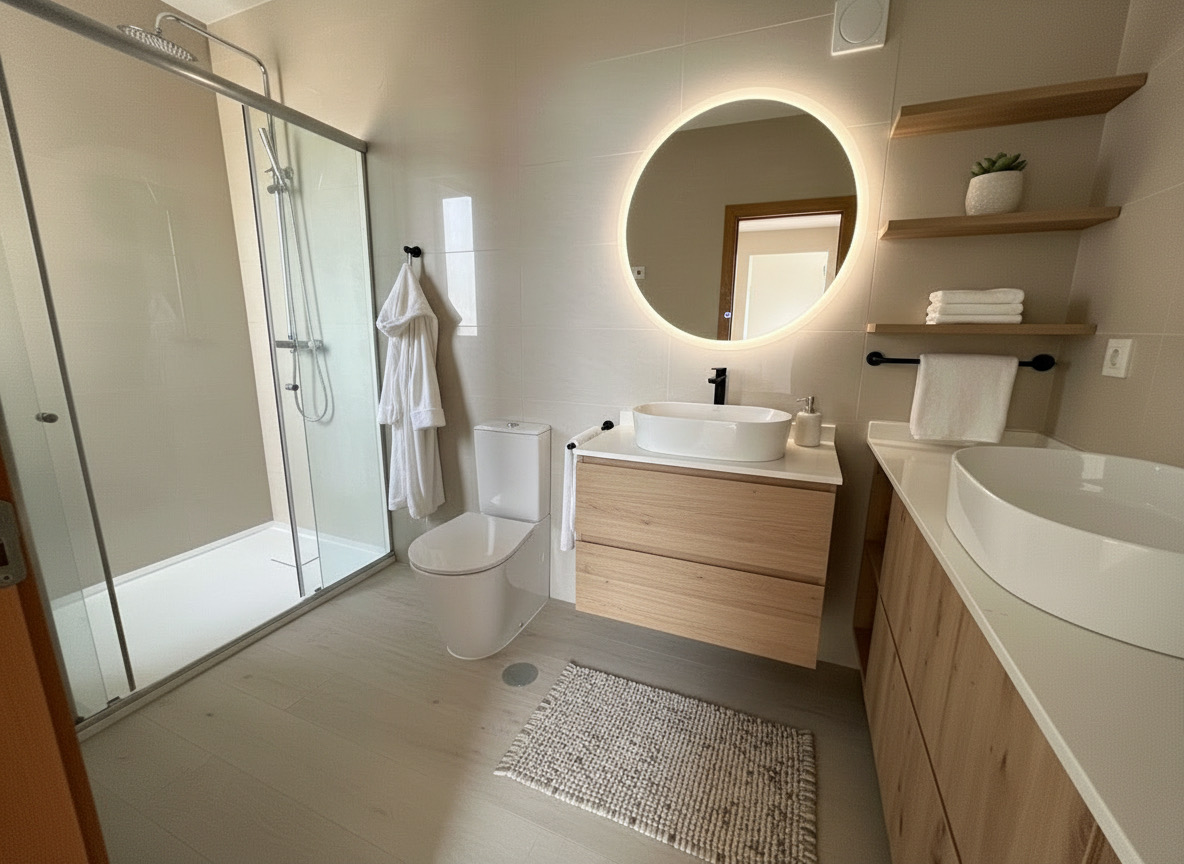 Modern bathroom with shower in oceanfront apartment Murdeira Sal Island Cape