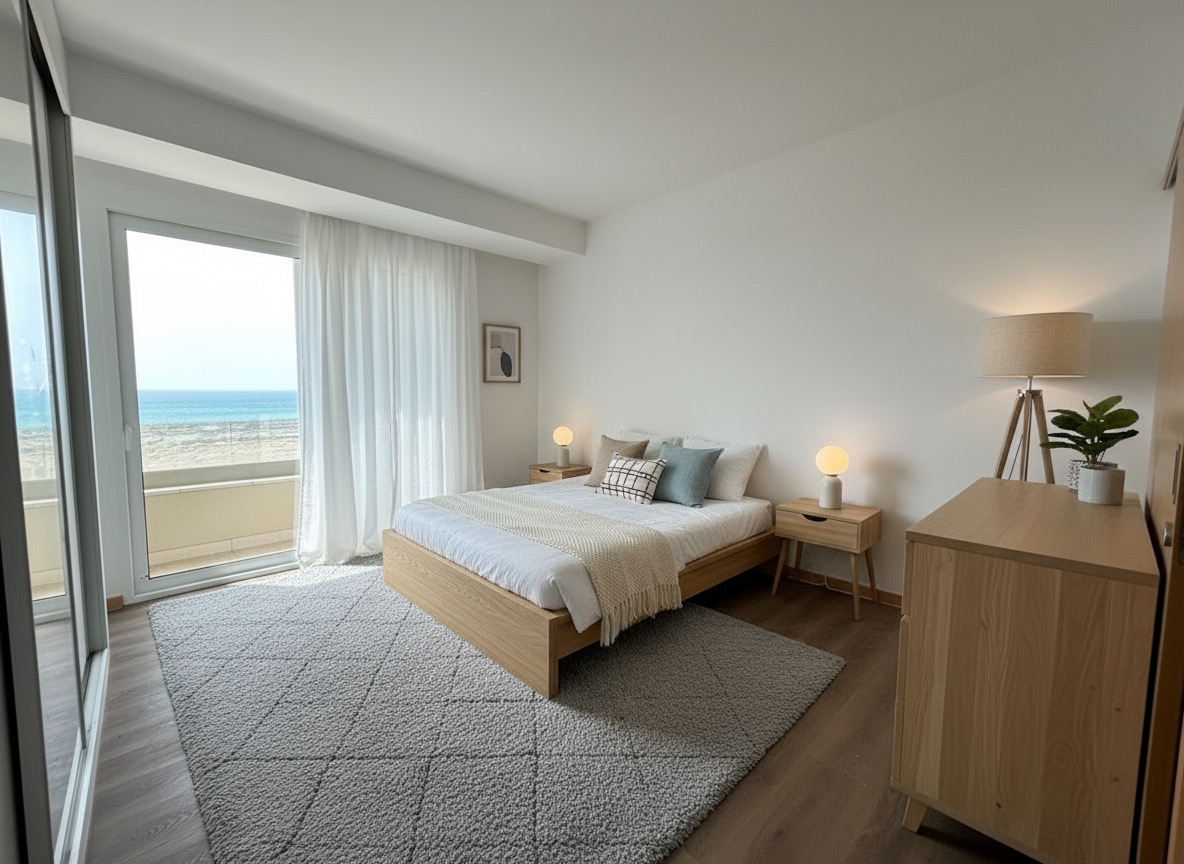 Modern bedroom with wooden furniture apartment Murdeira Sal Island Cape Verde