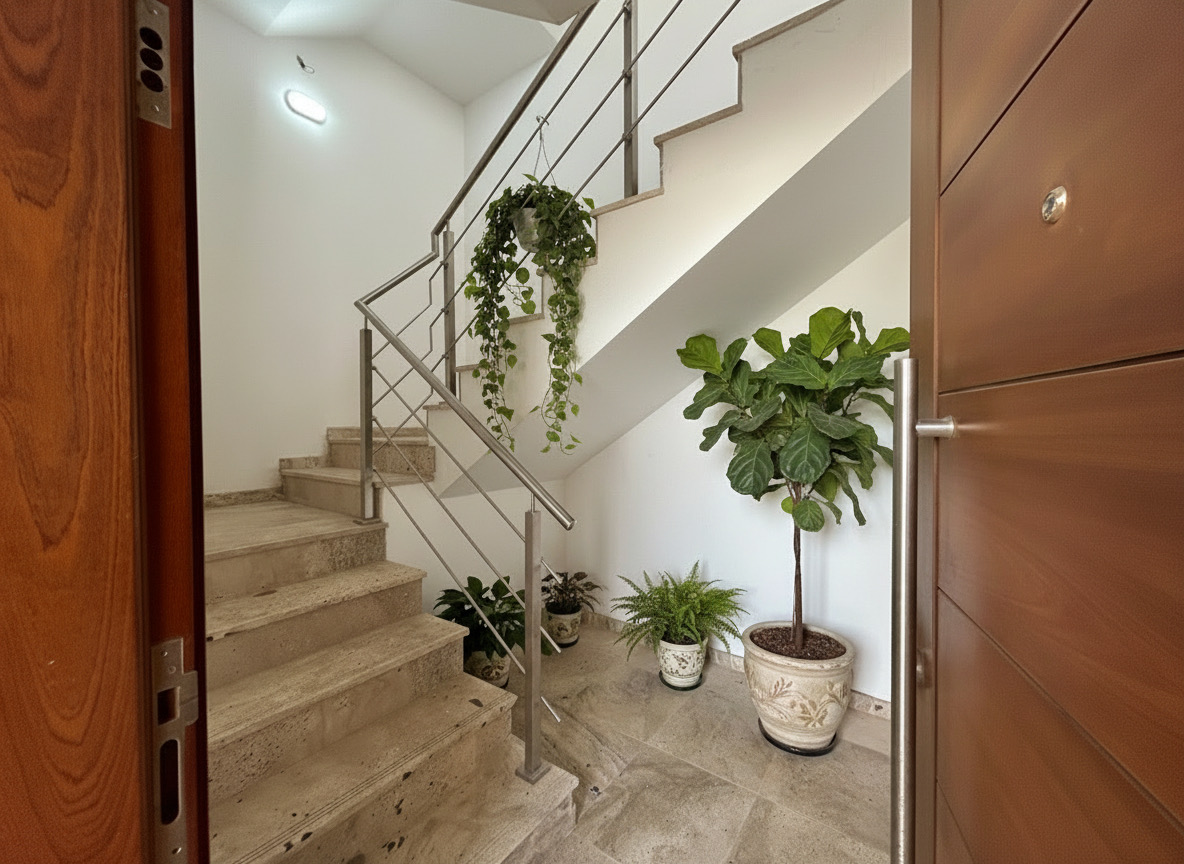 Entrance and staircase of modern oceanfront apartment building in Murdeira Sal Island Cape Verde