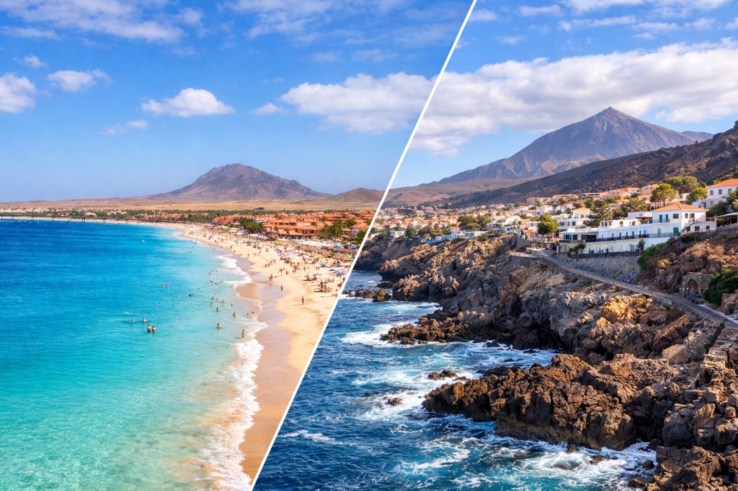 Cape Verde vs Canary Islands real estate investment comparison showing beach in Sal Island and volcanic coast in Canary Islands
